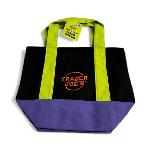 Trader Joe'S Handbags - Trader Joe's Black and Purple Tote Bag with Green Handles, Embroidered in Orange